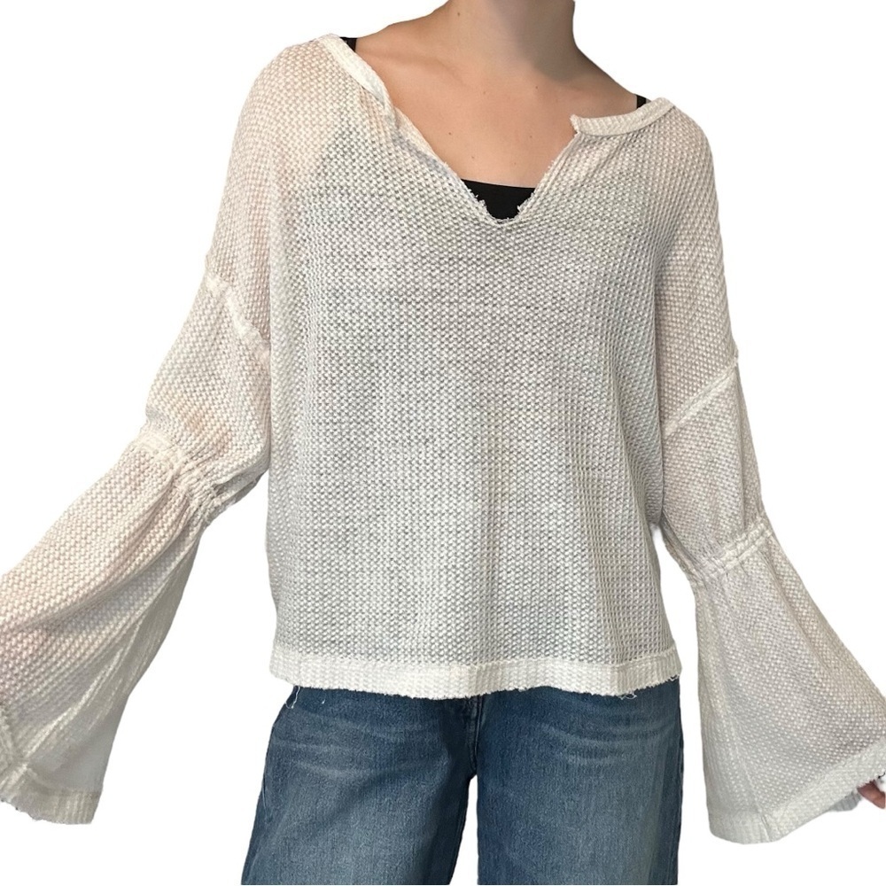 Free People Sweater Knit White V-Neck Boho Oversized Slouchy Size Extra Small